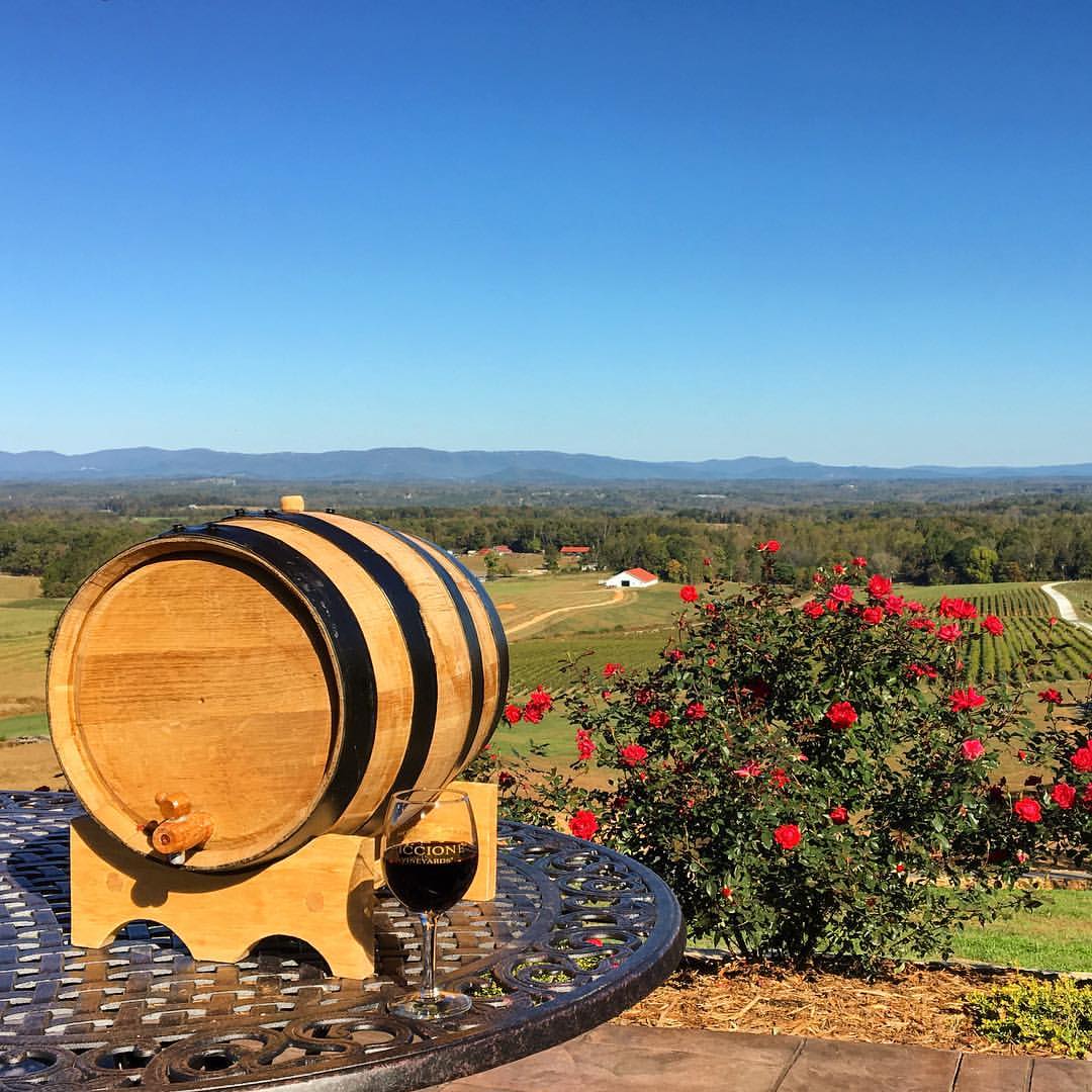 Piccione Vineyards - Wine barrel and roses